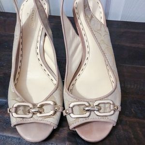 Nude Coach Peep Toe Wedge Heels